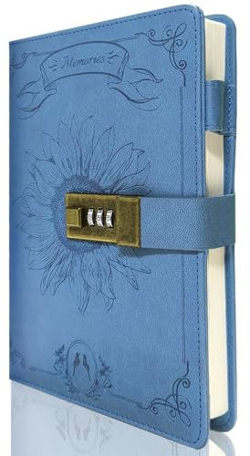 GOORAIFU Diario con lucchetto per ragazze e donne, A5 in pelle PU con serratura, 240 pagine con password bloccata, taccuino da viaggio con penna a sfera in metallo e confezione regalo, Blu…