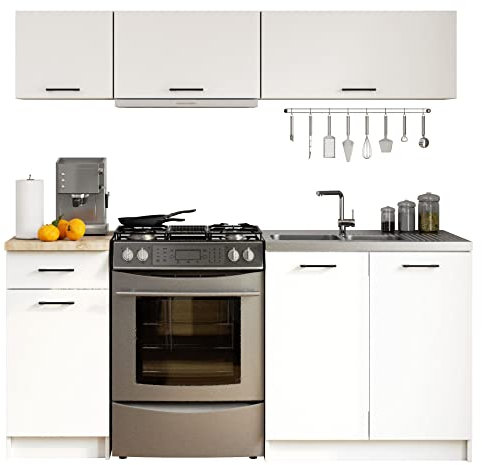 3E 3xE living.com Küchenset: eine Schublade, sechs Türen, sechs Regale, Farbe: Weiß, A: B: 180 cm, H: 174 cm, T: 46 cm