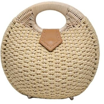 LVUNZJCA Sac en Paille pour Femme Sac Femme Petit Sac Rond Bord de mer Vacances Sac à Main rotin Pochette en Paille(Beige)