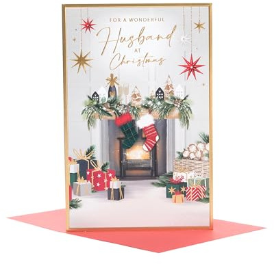 UK Greetings Weihnachtskarte für Ehemann – gemütliches Kamindesign
