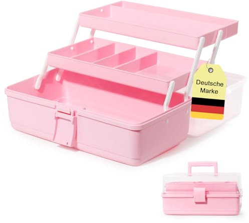 SYLANDO Aufbewahrungsbox mit fächern, Sortierboxen, Nähkasten, Bastelkoffer leer, Medicine Organizer Box, Angelkoffer, Aufbewahrung for Kleinteile, Haargummi (Rosa-31,5cm)