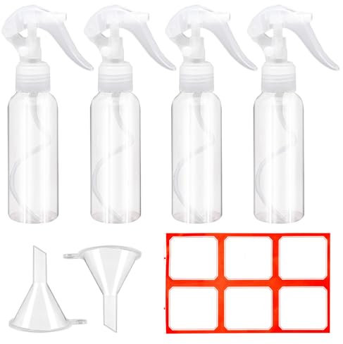 ZOCONE 4 Stück kleine Sprühflasche 100ml Leere Sprühflaschen zum Befüllen mit Etiketten Trichtern, Transparent Spray Bottle Kunststoff Wassersprühflasche Zerstäuber Sprühflasche für Wasser Parfüm