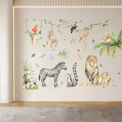 Onperpoe Wandtattoo Dschungel Tiere Baum Zweig Wandaufkleber Selbstklebend Löwe Zebra Affe Papagei Schmetterling Wandsticker Kinderzimmer Babyzimmer Schlafzimmer Wanddeko für Jungen