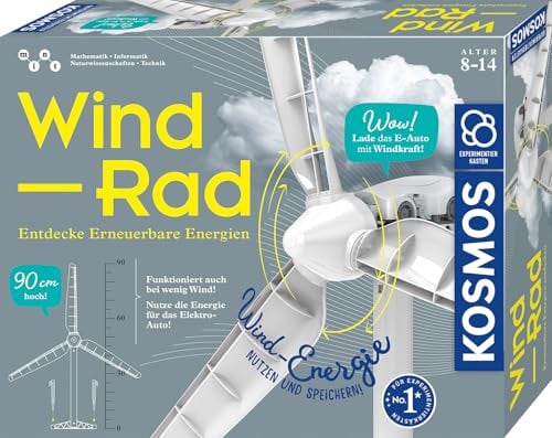 KOSMOS 621353 Windrad, Entdecke erneuerbare Energien, Bausatz für Windrad zur emmissionsfreien Stromerzeugung mit Mini E-Auto zum Laden, Experimentierkasten für Kinder ab 8-14 Jahre, Outdoor geeignet