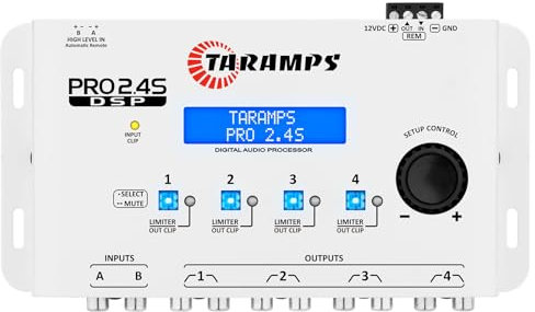 Taramps DSP Pro 2.4S White Crossover Full Digital Signal Car Audio Processor and Equalizer with Sequencer 15-Band Graphic Equalization 12 preset EQ, Remote Signal, Alignment, 2 Channel in and 4 Out