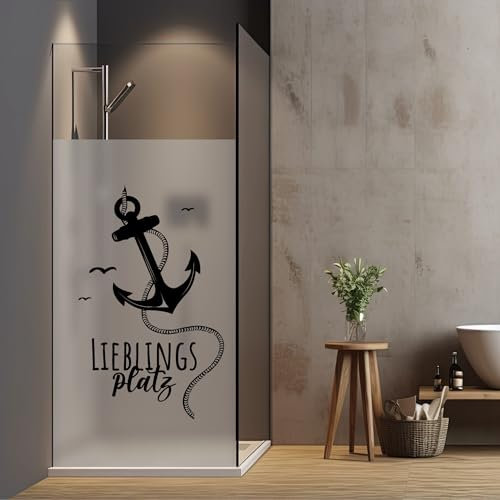 Wandtattoo Loft Sichtschutzfolie Duschkabine mit maritimem Anker Motiv Lieblingsplatz, in schwarz oder weiß, Folie für Duschglastüren, Duschwand Folie, Adhäsionsfolie für Duschkabine