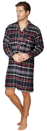 Haigman Chemise de nuit pour homme 100 % coton brossé à manches longues, Bleu marine/carreaux rouges, XXL