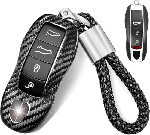 Coque de clé en fibre de verre véritable compatible avec Porsche avec porte-clés compatible avec Cayenne Panamera Macan 718 911 918 Boxster Cayman - Noir