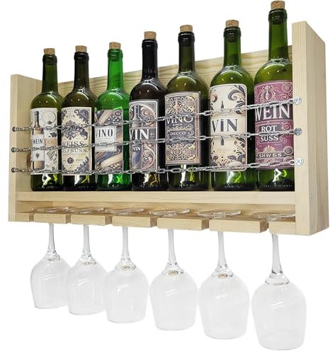 Portabottiglie da parete in legno con portabicchieri, mensola sospesa per 7 bottiglie di vino e 6 calici, scaffale da cucina, cantinetta rustica murale, mensola bar, legno naturale 60x32x12 cm
