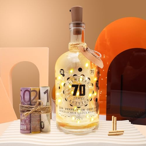 JUNUNDJING LED Flaschenlicht Geschenke zum 70 Geburtstag Frau Mann, Geschenk Deko 70. Geburtstag Frau Mann Deko Geschenk, Geschenke Für Frauen Männlich ab 70, Geldgeschenke Geburtstag 70
