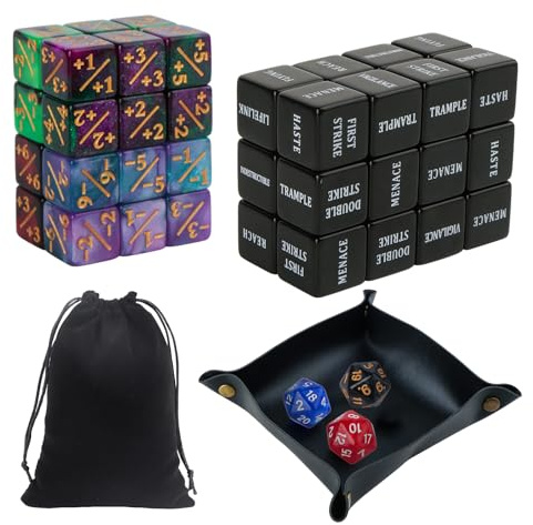53-teiliges Set MTG Würfel Set mit 24 Schlüsselwortwürfeln 3 d20-Würfeln Lederwürfelnapf Samtbeutel (12x15 cm) für Kartenspiele Brettspiele