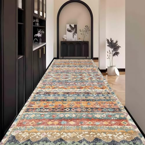 Waazgle Läufer Teppich Flur küche Schlafzimmerteppich Boho Style Waschbar | 90x400cm Waschbar rutschfest Lang küche Wohnzimmerteppich Vintage Bunt Meterware für Flurläufer Esszimmer Korridor