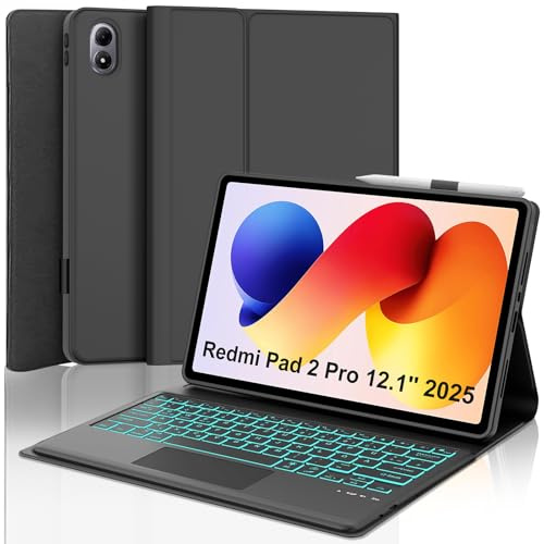 FOGARI Tastatur mit Touchpad für XIAOMI Redmi Pad 2 Pro 12.1 2025 5G/Wi-FI | Mit Trackpad und 7 Farben Beleuchtungm, Abnehmbarer Bluetooth Keyboard Case für Redmi Pad 2 Pro/Redmi Pad Pro, Schwarz