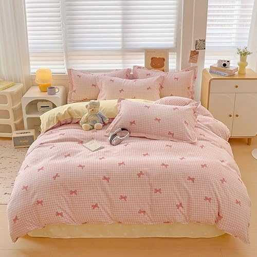 Générique Housse de Couette 90x190 Fille Arc Treillis Parure de Lit 90x190 Enfant Garçon Fille Adulte Nœud Rose Plaid Housse de Couette 1 Personne Microfibre avec Fermeture éclair