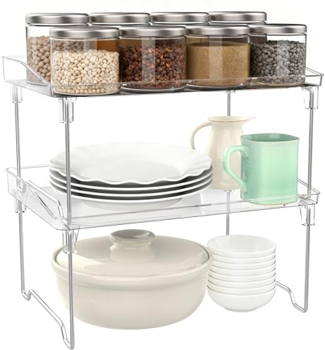 Euqvunn 2 Pack Küchenschrank Organizer, Faltbarer Gewürzregal Stapelbarer Küchenregal Arbeitsplatte, Transparente Schrank Organizer Küche für Kabinette, Vorratskammern, Theken