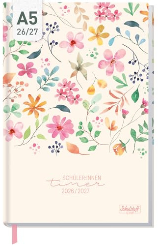 Häfft® Schulstuff Schüler:innen-Timer 2026 2027 A5 Wild Blossoms | Flexocover Schülerkalender von August 2026 - Juli 2027, Schülerplaner Hausaufgabenheft - organisiert durchs neue Schuljahr