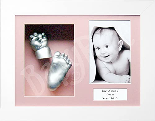 BabyRice Baby Casting Kit with White 12x9 Shadow Box Display Frame, Silver Paint for Hand, Foot Casts (Pink/Pink)