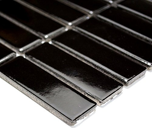 Mosaik Stäbchen uni schwarz glänzend Keramik Fliesenspiegel Spritzschutz Küche Duschwand Mosaik, Mosaikstein Format: 21,9x72,8x6 mm, Bogengröße: 60 x 100 mm, 1 Handmuster ca. 6x10 cm