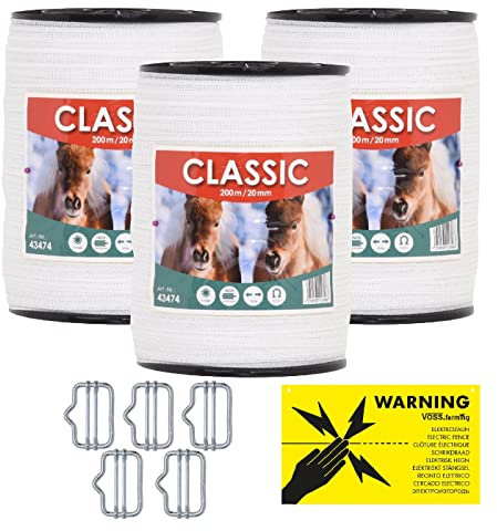 VOSS.farming Weidezaunband 20mm Classic 4 x 0,16 NIRO, weiß, Weidezaun und Elektrozaun Band, Elektroband, Pferdezaun, Pferdeband, Ponyzaun, Sparset (600 m)