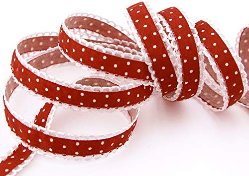 finemark 3 m x 15 mm Dekoband Emily Rot gepunktet mit Spitze am Rand Schleifenband Band zum nähen dekorieren Geschenkband Vintage Landhaus