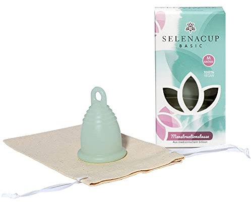 Selenacare Menstruationstasse Basic – nachhaltige Periodencup aus medizinischem Silikon - mit Aufbewahrungsbeutel aus Baumwolle, Größe M (26ml), türkis