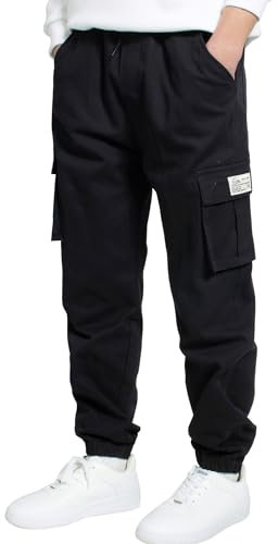 LAUSONS Pantalon Cargo pour Garçon Pantalons de Jogging Taille élastique Noir 14-16 ans