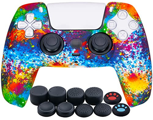 YoRHa Water Transfer Printing Silicone Thickened Cover Skin Case for PS5 Dualsense Controller x 1(Spashing Paint) with Thumb Grips x 10