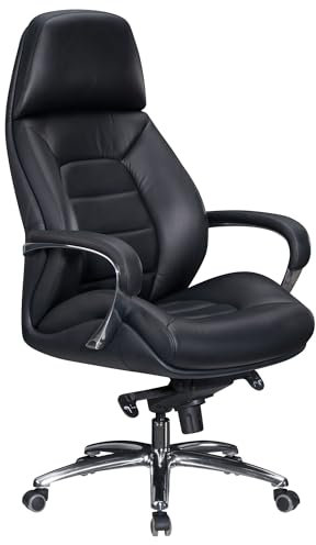 FineBuy Designer Bürostuhl Bezug Echtleder Schreibtischstuhl bis 120 kg, XXL Design Chefsessel höhenverstellbar, Drehstuhl ergonomisch mit Armlehnen & hoher Rückenlehne, Wippfunktion
