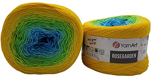 YarnArt Rosegarden, 500 Gramm Bobbel Wolle Farbverlauf, 100% Baumwolle, Bobble Strickwolle Mehrfarbig (gelb grün türkis 310)