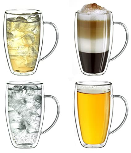 Creano doppelwandiges Thermoglas mit Henkel 250ml, großes Doppelwandglas aus Borosilikatglas, Kaffee-/Teeglas, 4x 250ml