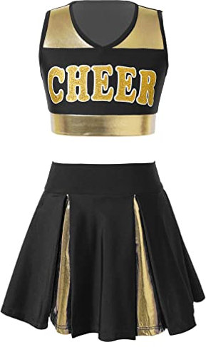 MSemis Cheer leader Kostüm Kinder Mädchen Cheerleading Uniform Cheerleadingkleid/Ärmellos Crop Top mit Minirock Halloween Tanzkostüm B- Schwarz 146-152