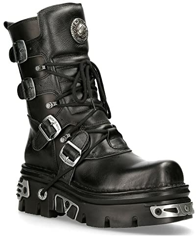 Stivali a Metà Polpaccio New Rock 373-S4 in Pelle Nera Metallizzata con Chiusura con Lacci e Fibbia Stile Gotico Punk