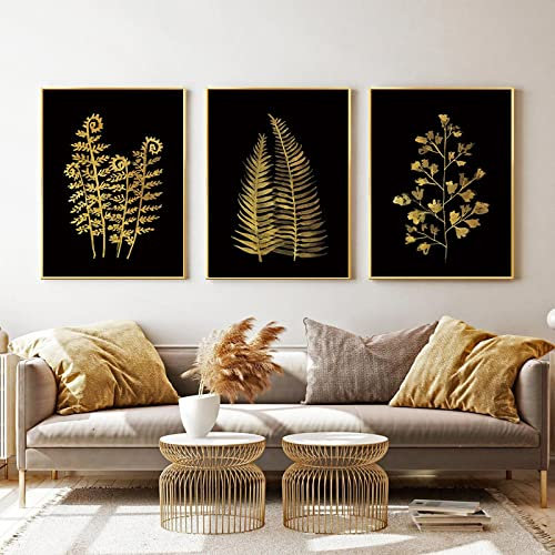 Goldene Pflanze Leinwand Malerei Poster Schwarz und Gold Farn Botanische Wandkunst Bild für Wohnzimmer Wohnkultur Leinwanddruck 40x60cm-3Pieces Frameless