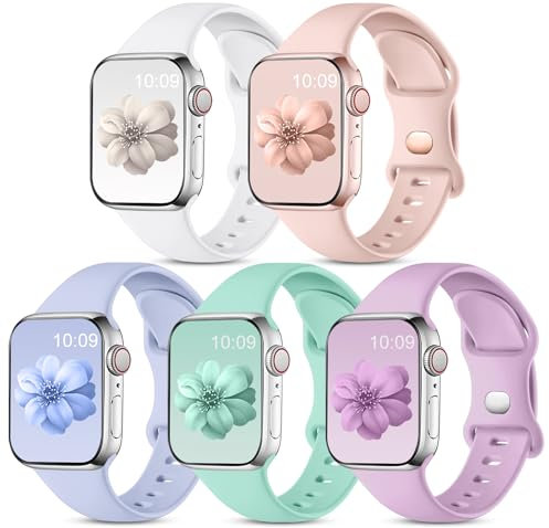 CeMiKa 5pack Cinturino Compatibili con Apple Watch Cinturino 49mm 45mm 44mm 42mm, Cinturino Sportivo Silicone per iWatch Series 8 7 6 5 4 3 2 1 SE, Lia/Verde Chiaro/Bianco/Rosa Sabbia/Lavanda(M/L)