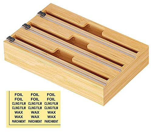 Tin Foil Dispenser and Cutter, Bamboo Wooden Cling Film Dispenser with Slide Cutter for Wax Paper, Parchment Paper, for Kitchen Cabinet, Smooth Separation