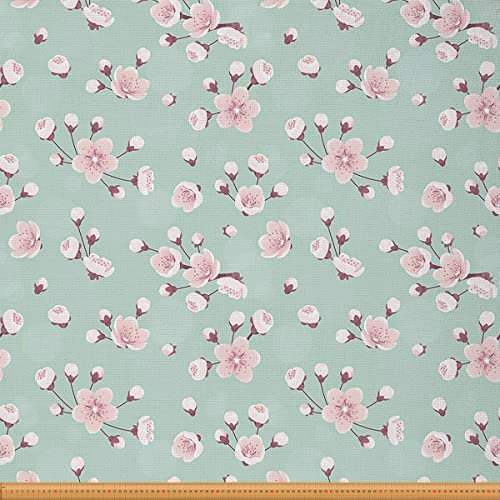 The Yard Tissu d'ameublement à fleurs de cerisier pour chaises, tissu botanique rétro original pour tissus d'ameublement et projets de bricolage, 4,6 m (L 460 x l150 cm), vert et rose