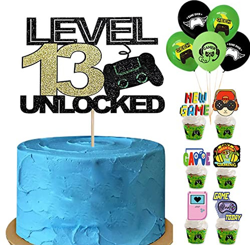 Kuchendekoration zum 13. Geburtstag für Jungen, Videospiel, Kuchendekoration, 24 Stück, Jungen, Geburtstagsparty, Dekorationen, Gaming-Thema, Kuchendekorationen mit Luftballons, personalisierter