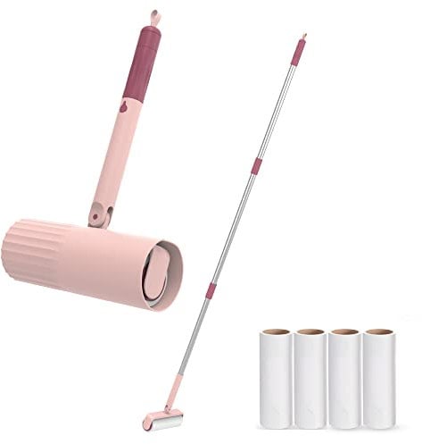 Useful Co Ausziehbare Fusselrolle – Fusselrolle für Tierhaare, große Fusselrolle, Fusselrolle für Boden mit klebrigen Blättern, 16 cm bis 110 cm, 1 Fusselrolle + 4 Nachfüllpackungen (rosa)