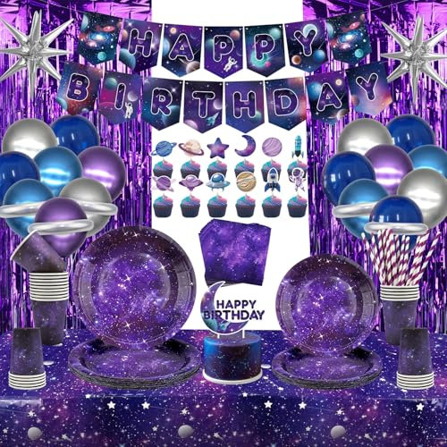 Weltraum Galaxie Partygeschirr Set- Happy Birthday Party Banner, Luftballons, Folienvorhänge, Teller, Becher, Servietten, Geburtstagsparty-Dekoration im Weltraum-Thema, für 20 Personen