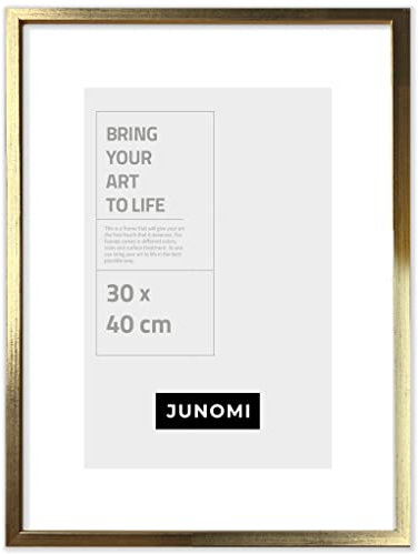 JUNOMI® Cadre photo 30x40 cm bois | Couleur Or | Cadre affiche avec verre acrylique incassable | Pour montage mural vertical et horizontal, profil fin