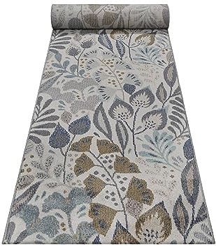 Wecon Home Wetterfester In- & Outdoor Teppich von Esprit mit blumigem Muster ideal für Balkon, Terrasse, Küche, Flur, Wohnmobil, Garten und Camping – Lilly (80 x 400 cm, blau beige)