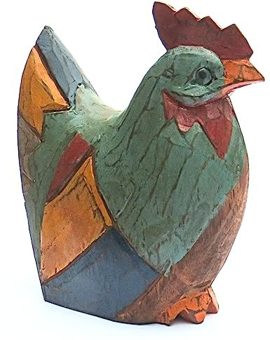 Statua in legno a forma di gallina/gallina, intagliata e dipinta a mano in stile rustico
