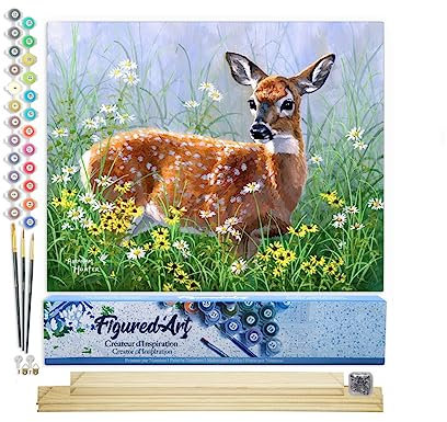 Figured'Art Malen Nach Zahlen Erwachsene Mit Rahmen Reh auf der Wiese - Paint by Numbers Basteln DIY Bastelset 40x50cm Mit Keilrahmen (nicht gespannt)