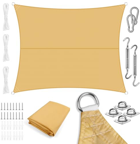LOVE STORY Voile d'Ombrage Imperméable 3x4m Rectangulaire avec kit de Fixation, Oxford Toile Ombrage Une Protection des Rayons 95% UV pour Extérieur Jardin Terrass Balcon, Sable