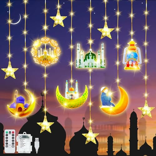 YeahBoom 114 LED Ramadan Licht Stern Mond Lichterketten,3m Sterne Mond und Schloss Ramadan Deko Licht,Eid Mubarak Licht LED mit 8 Blinkenden Modi & Fernbedienung,Batterie & USB betriebene Lichterkette