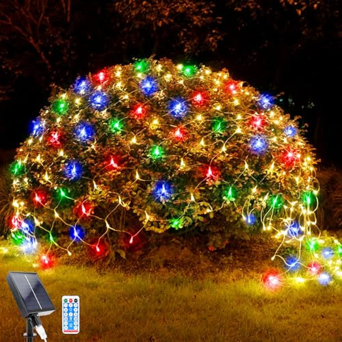 WoskjXas Lichternetz Solarleuchten Außen, 96 LEDs, 1,5 x 1,5 M Lichterkette Netz mit 8 Modi, Wasserdichte Baum Lichterkette, Design für Garten, Balkon, Zaun und Weihnachtsdeko (1.5M*1.5M, Bunt)