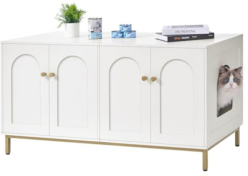 Hzuaneri Katzenschrank für 2 Katzen, 119cm Versteckte Katzentoilettenmöbel, Hölzernes Haustierhaus, Aufbewahrungsschrankbank, Passend für die Meisten Katzentoilettenkä, Weiß und Gold CB82313A