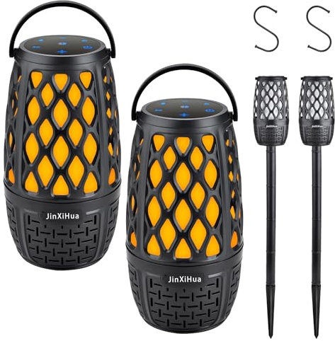 JinXiHua 2 Pack Portable Led Flame Speakers, Waterproof Speakers with Stakes and Hooks, Synchronize Multiple Speakers, Night Lights, for Patio Porch Garden Home Backyard Decor, Gift