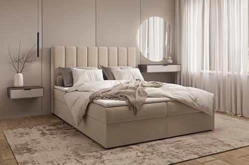 MOEBLO Boxspringbett 01 (Bonell-Matratze und Topper, Doppelbett gepolstertes Kopfteil mit Bettkasten Boxspringbett, aus Samt, Polsterbett Kontinentalbett, dekorativem Kopfteil) (Beige, 180x200)
