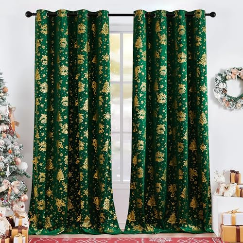 PONY DANCE Rideau Vert Velours Intérieurs à Oeillets pour Noël Salon Fenetre Rideaux Occultant Thermique Isolant Anti Froid avec Motif Doré de Noel, L127xH240 cm, Lot de 2